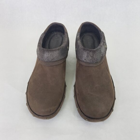 Merrell Luxe Wrap Mule Women's 6 Brown Suede Leather Clog Metal Rivets Cone Heel - Picture 4 of 16